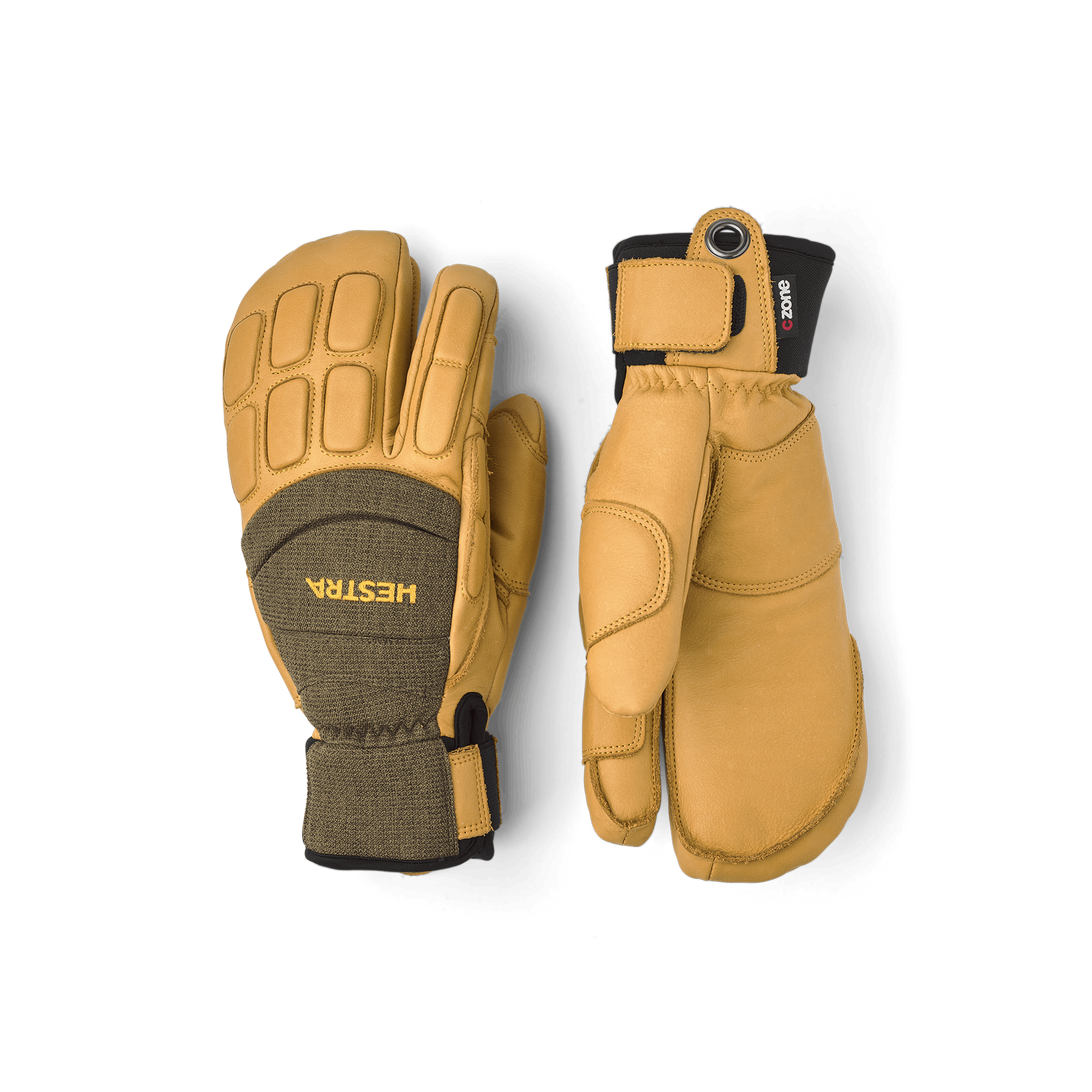 Light brown three finger goat leather ski glove with green fabric back with shock-absorbing panels
(1 of 6)