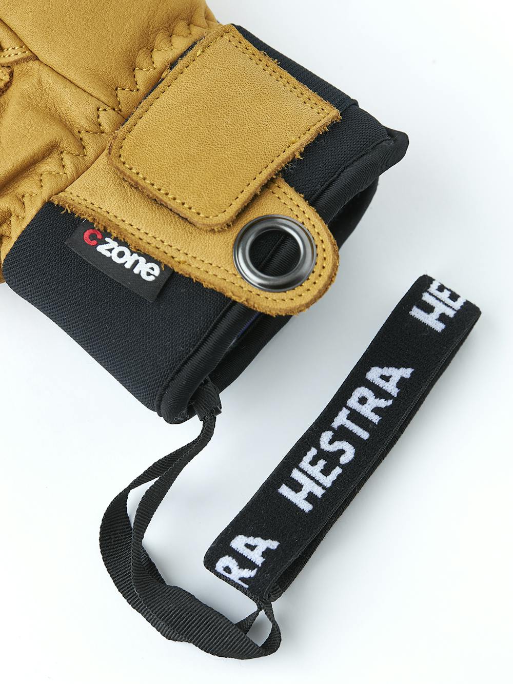 Light brown three finger goat leather ski glove with green fabric back with shock-absorbing panels
 (5 of 6)