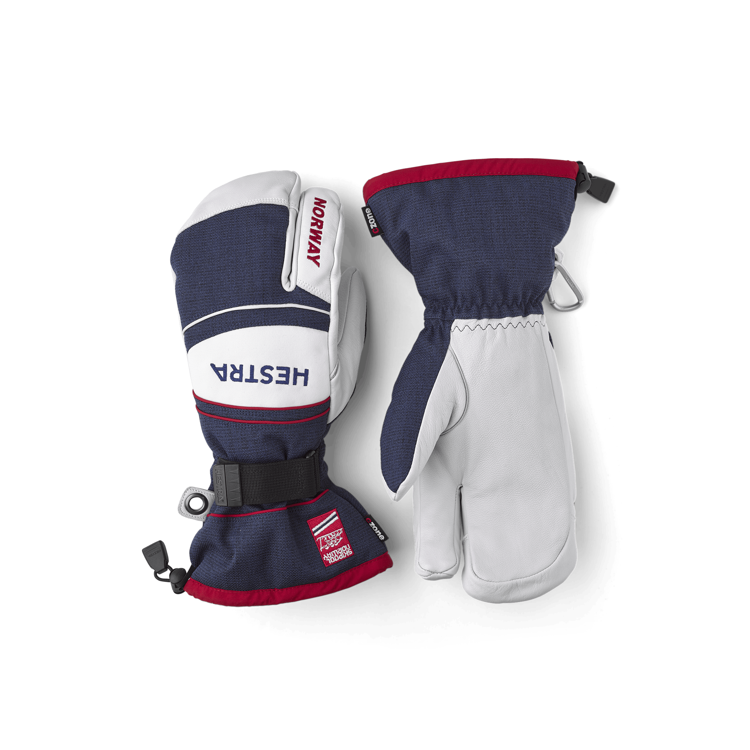 Blue white goat leather and fabric three finger glove 
 (1 of 6)