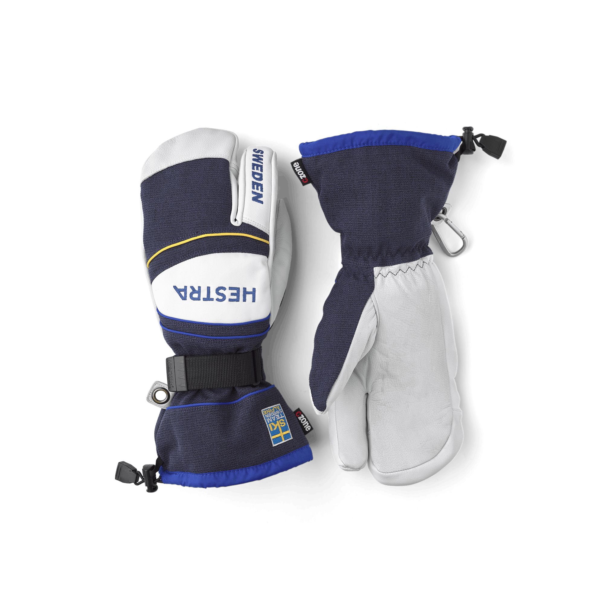 Blue white goat leather and fabric three finger glove
 (1 of 6)