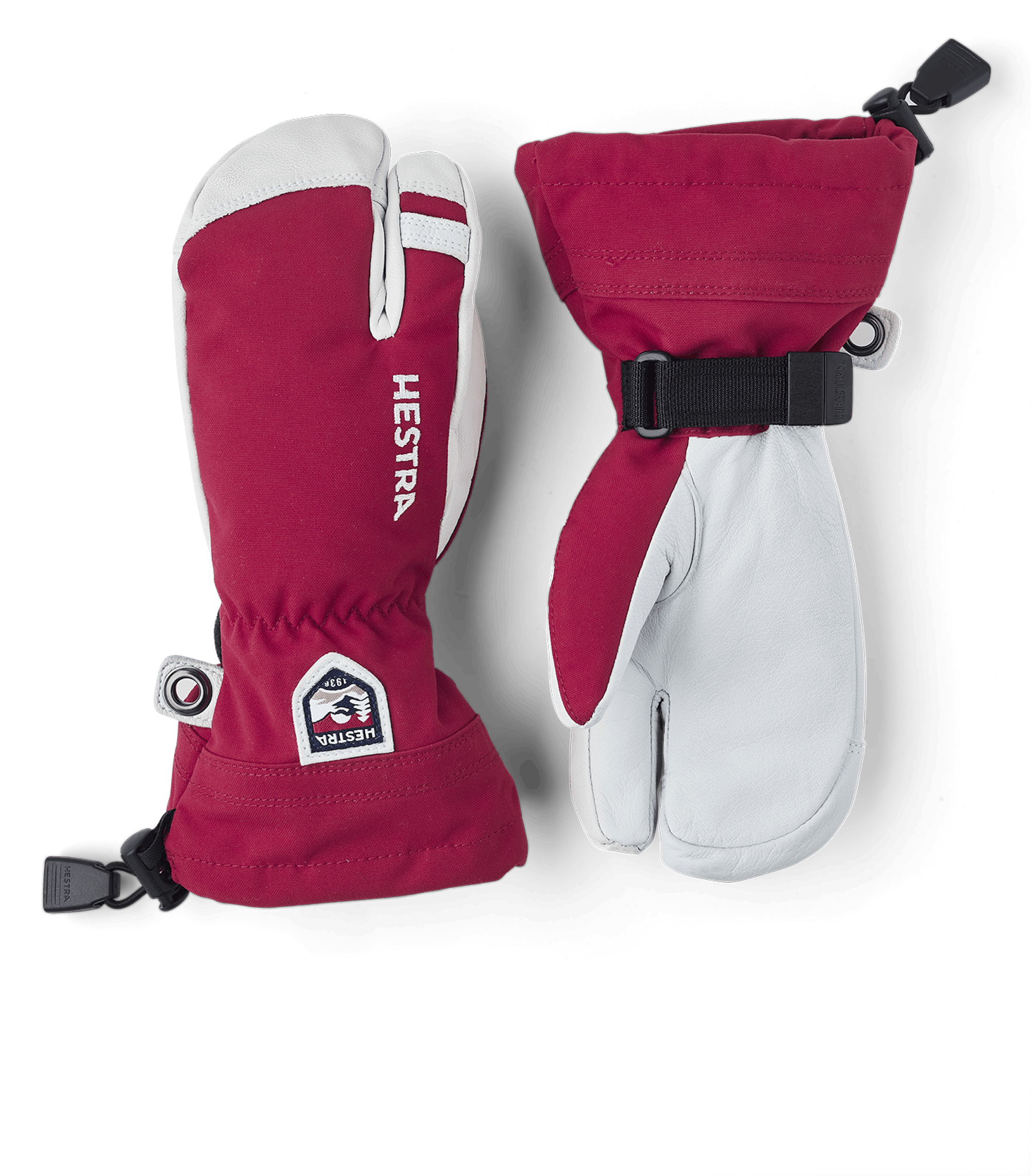 Roter Dreifingerhandschuh mit weißem Ziegenleder an der Innenhand
(1 oder 6)