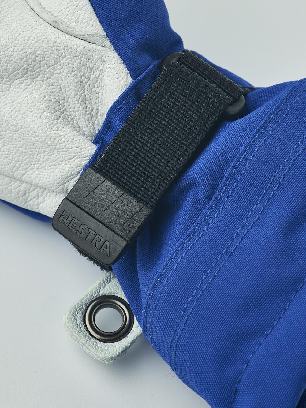 Blue three finger glove with white goat leather palm
 (4 of 6)