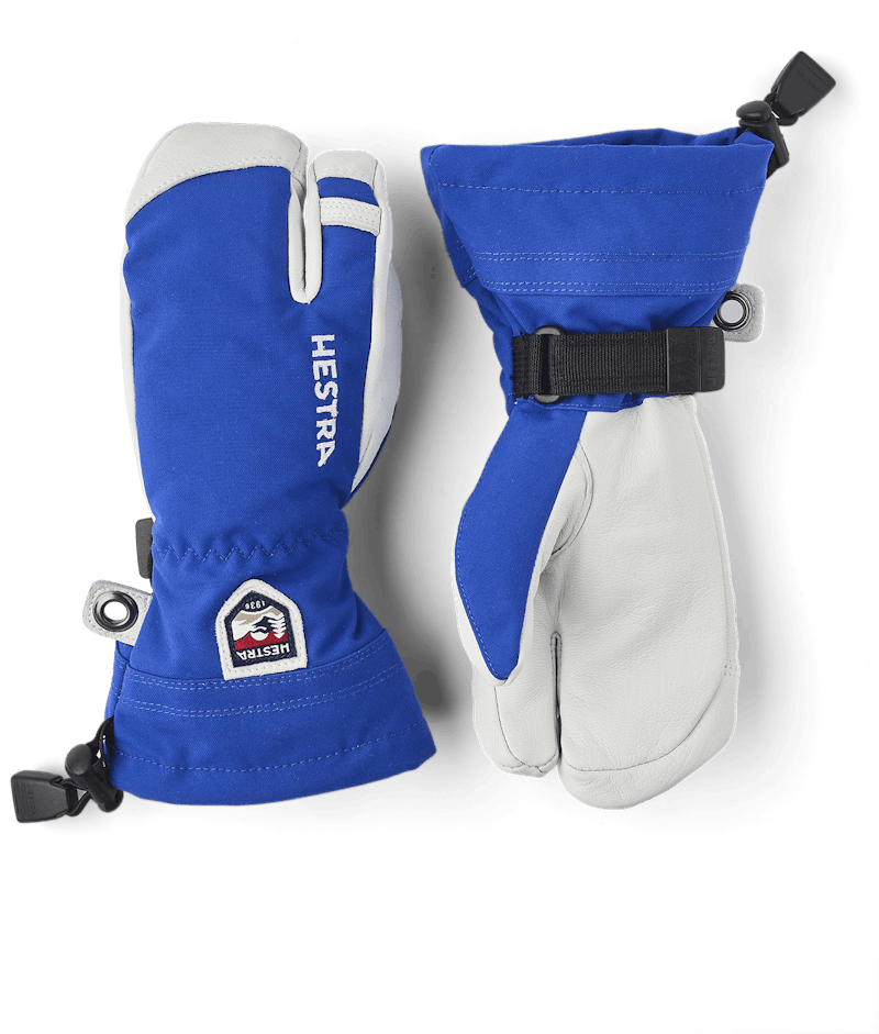 Blue three finger glove with white goat leather palm
 (1 of 6)