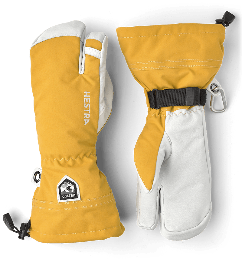 Yellow three finger glove with white goat leather palm
 (1 of 8)