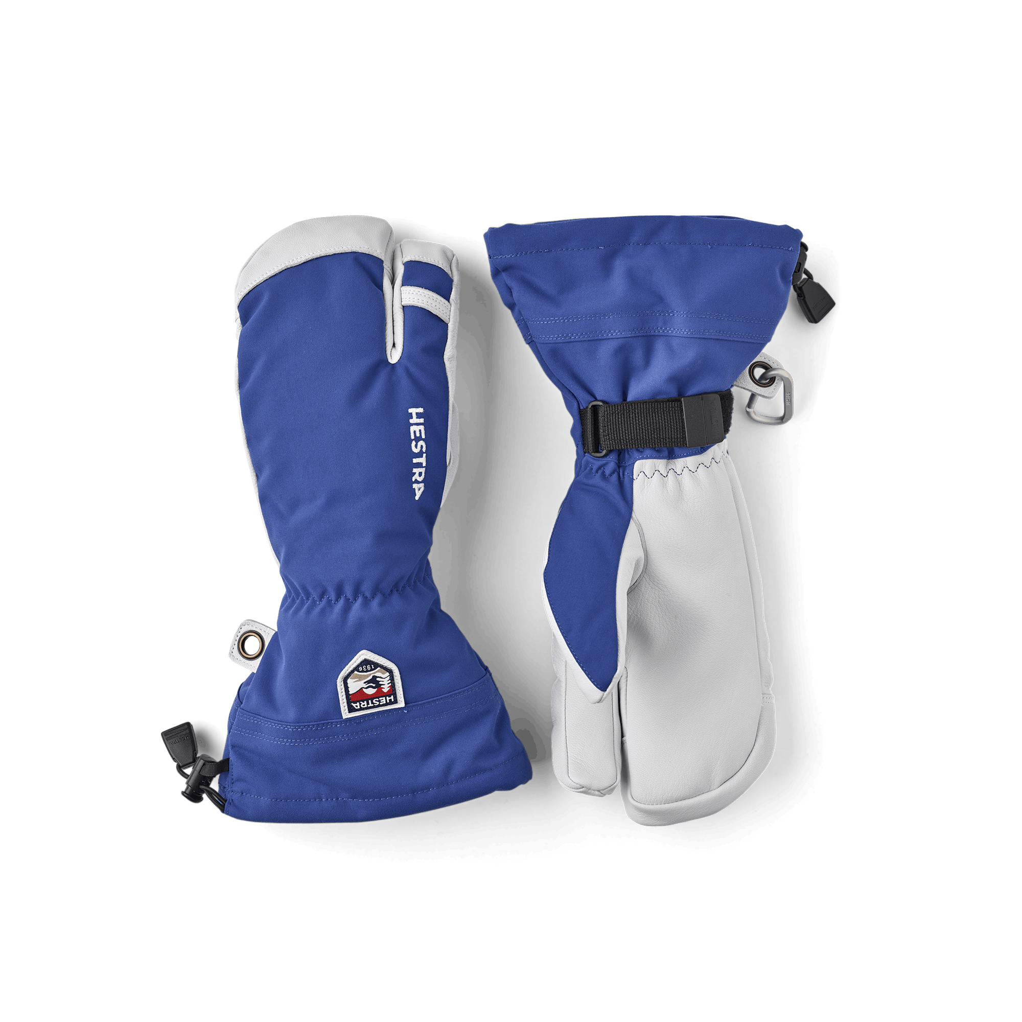 Blue three finger glove with white goat leather palm
 (1 of 7)