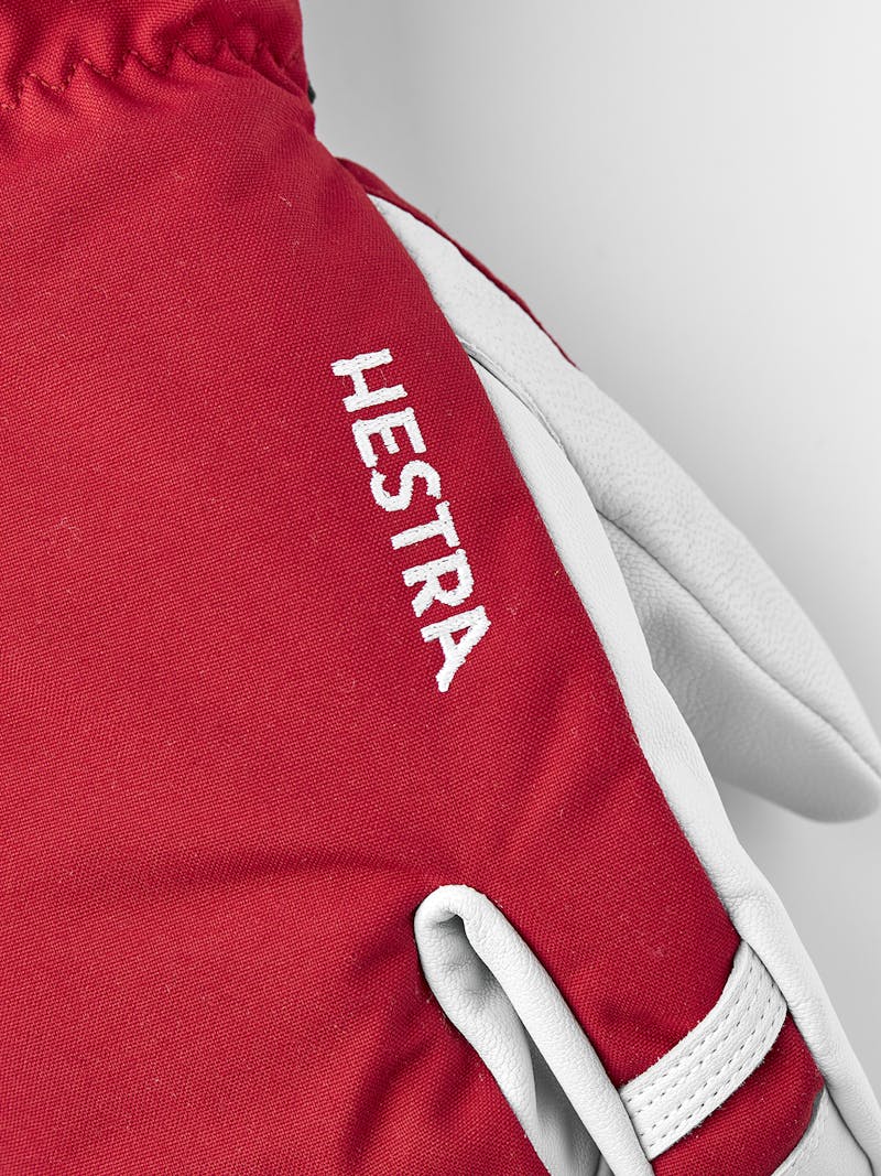 Red three finger glove with white goat leather palm
 (6 of 8)