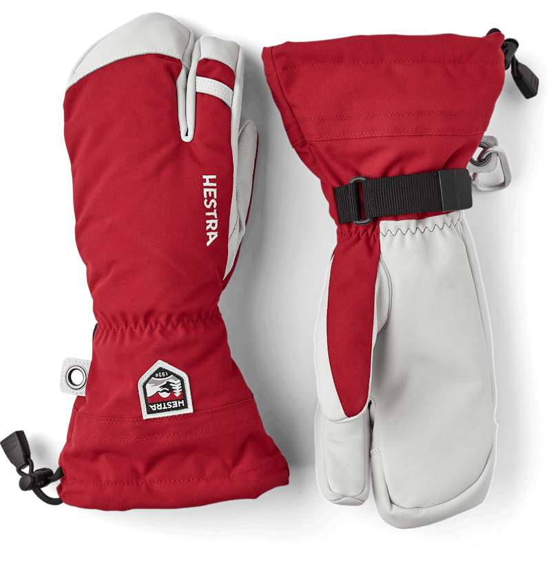 Red three finger glove with white goat leather palm
 (1 of 8)