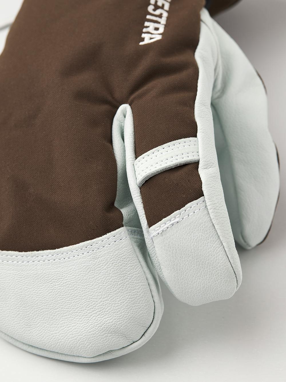 Dark brown three finger glove with white goat leather palm
 (2 of 6)