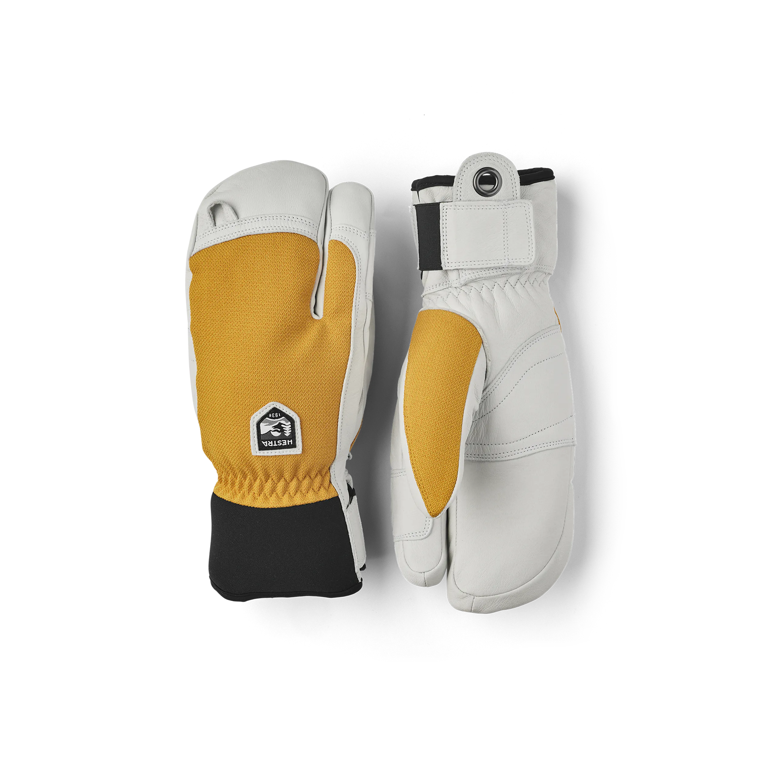 Yellow three finger glove with white goat leather palm
 (1 of 5)