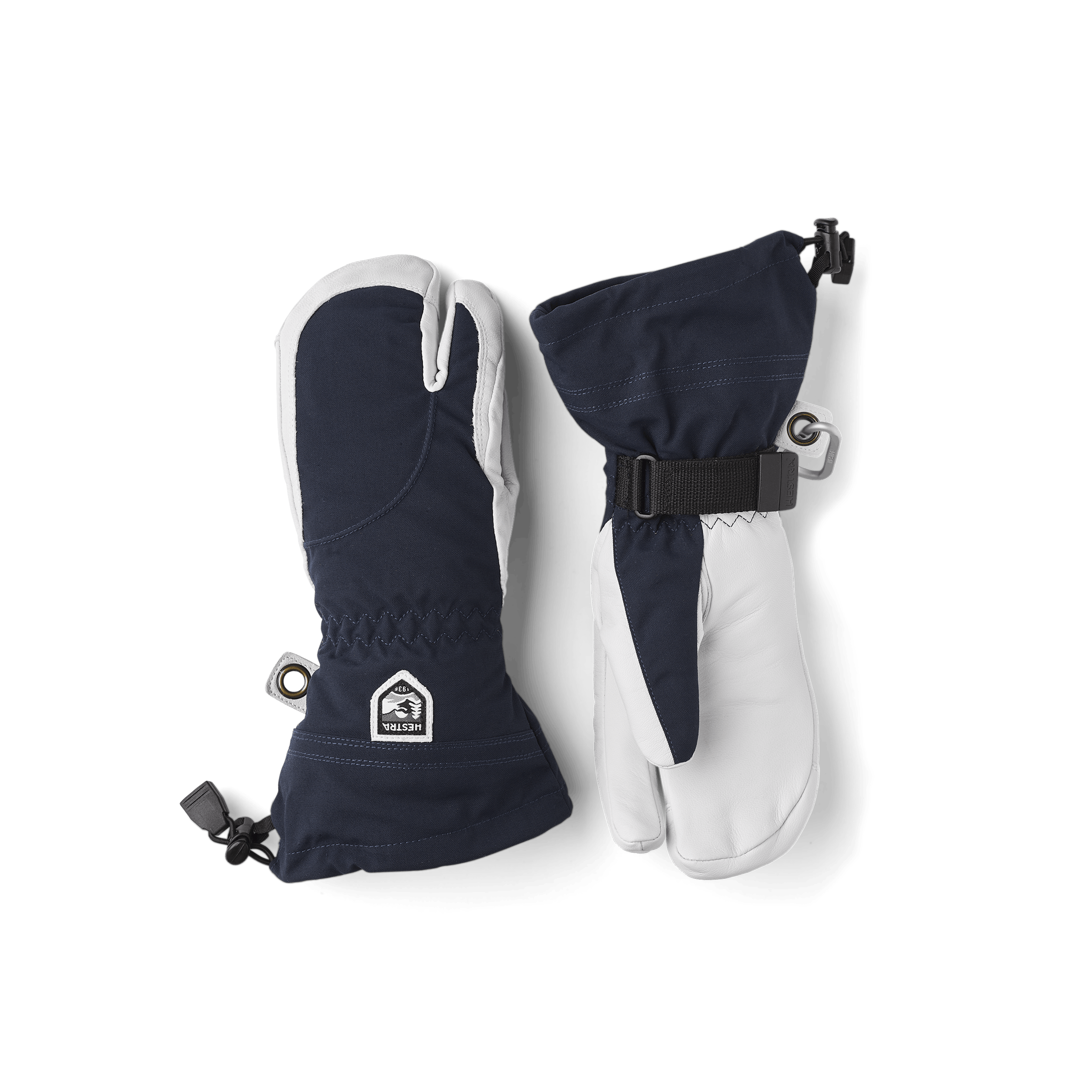 Dunkelblauer Dreifingerhandschuh mit weißem Ziegenleder an der Innenhand
 (1 oder 7)