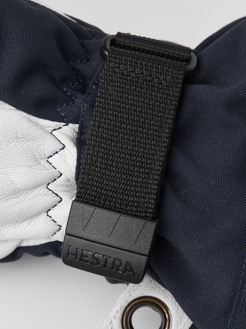 Dark blue three finger glove with white goat leather palm
 (3 of 7)