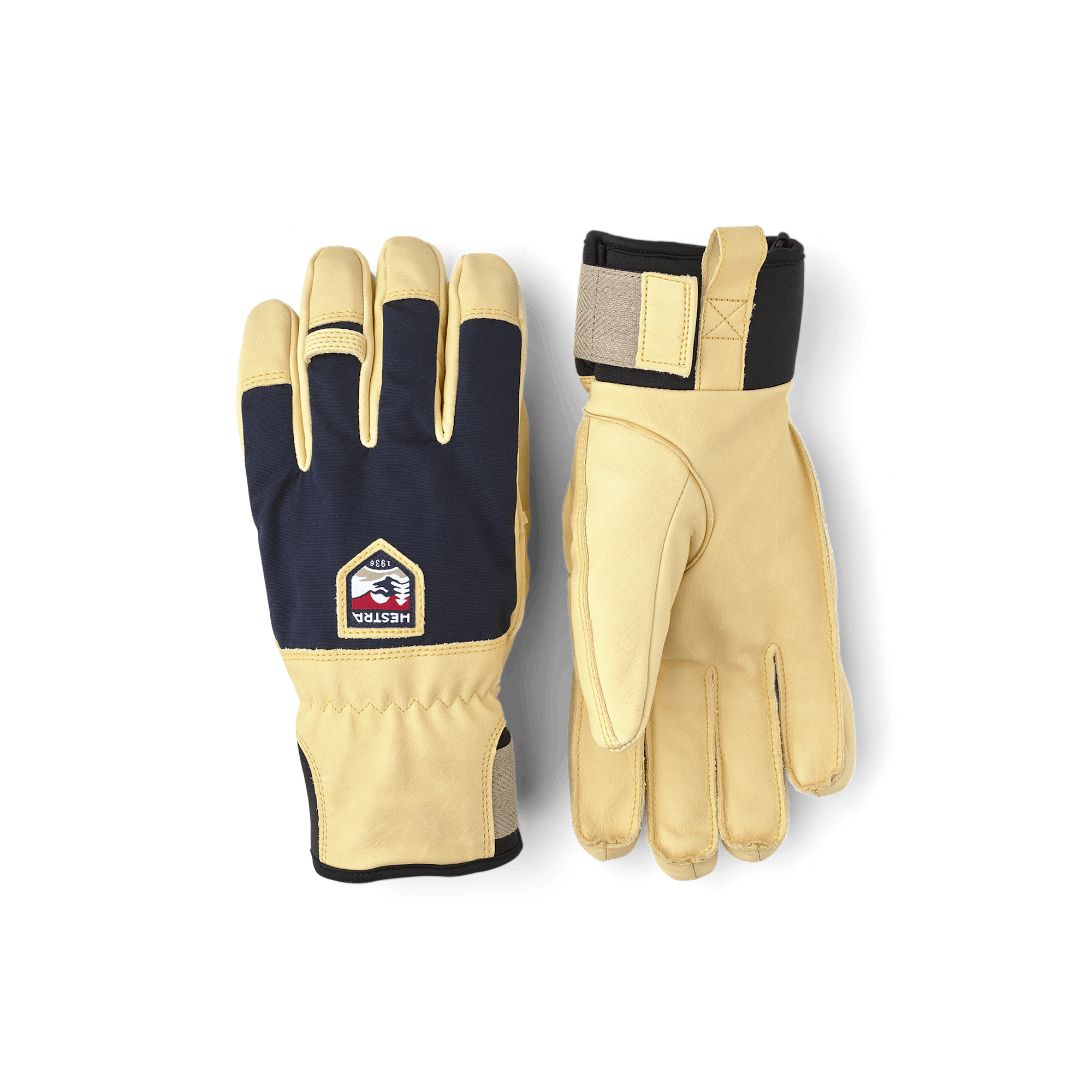 Gelber Skihandschuh aus Rindsleder mit Oberhand aus blauem Stoff
 (1 oder 9)