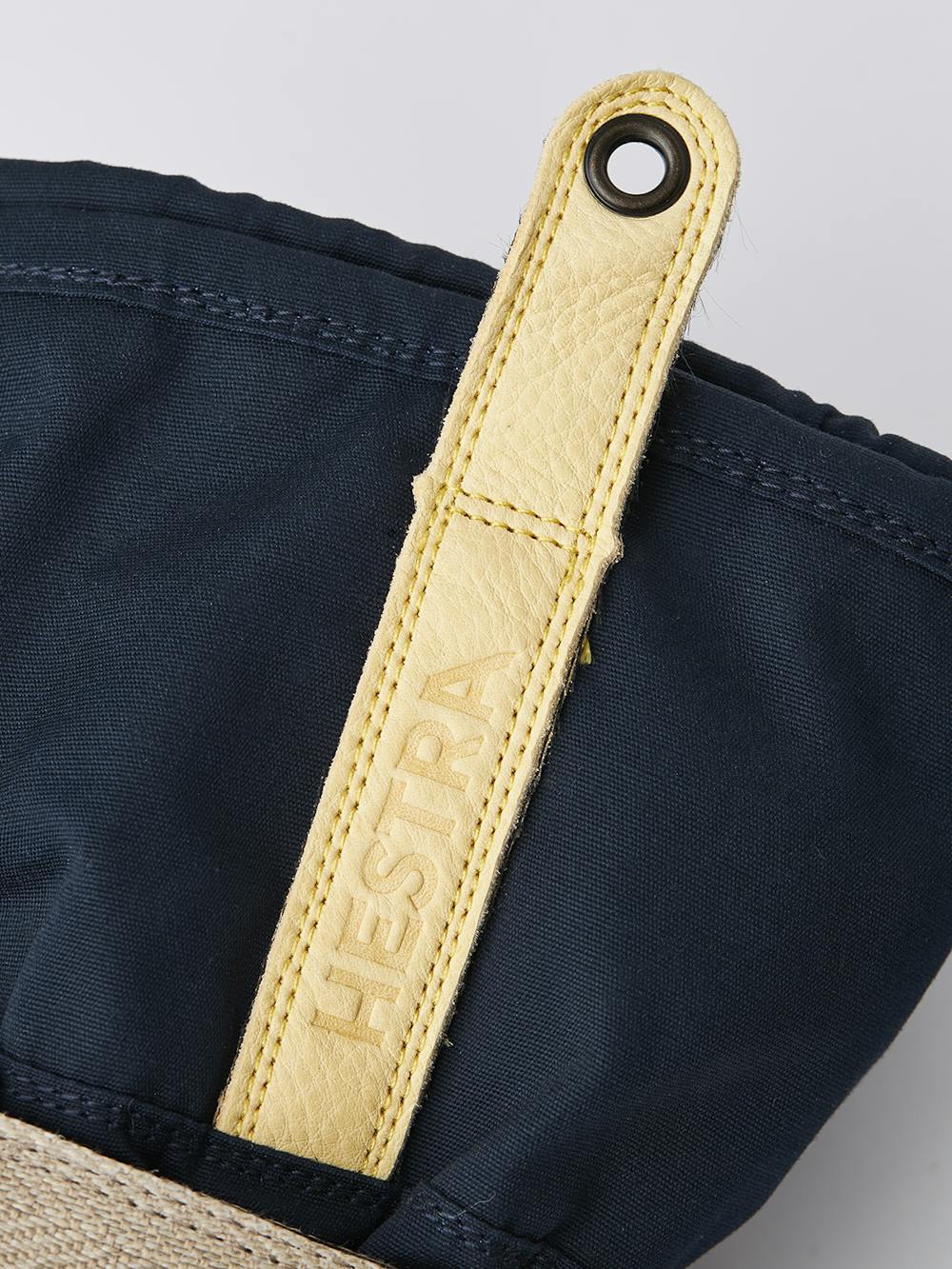 Blauer Fausthandschuh mit gelbem Rindsleder an der Innenhand
 (4 oder 8)