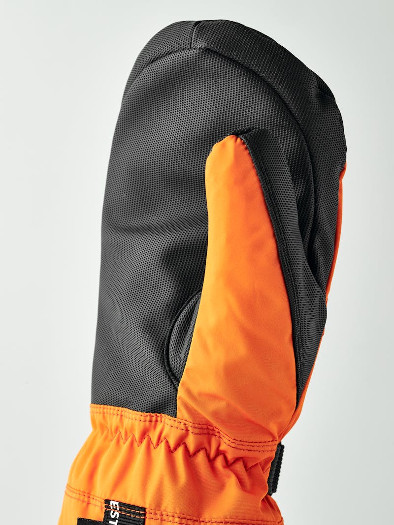 Orange fabric mitten with black synthetic palm and wrist adjustment (4 of 6)