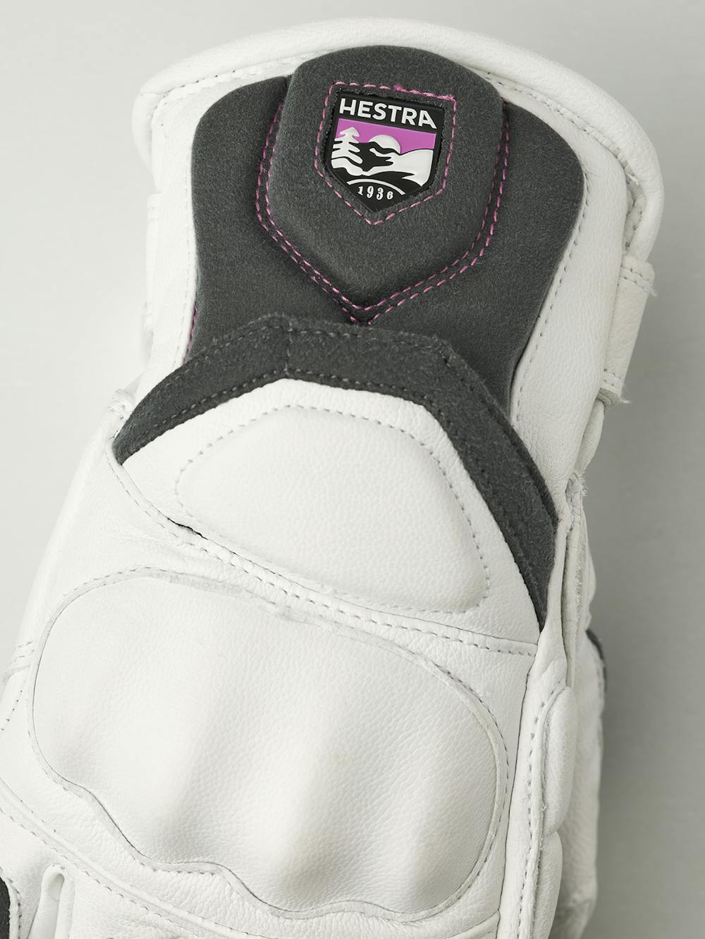 White ski glove with gray and pink goat leather details and synthetic suede palm (2 of 4)