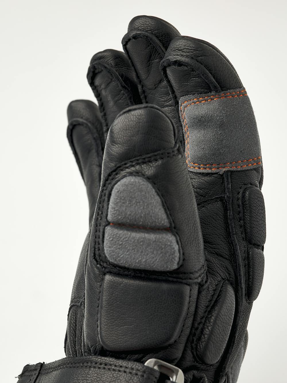 Schwarzer Skihandschuh mit grauen und roten Details aus Ziegenleder mit synthetischem Wildleder an der Innenhand (4 oder 5)