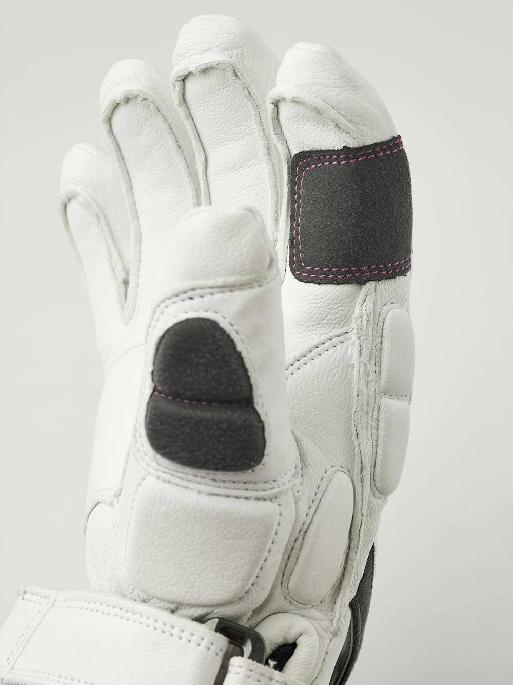 White ski glove with gray and pink goat leather details and synthetic suede palm (4 of 4)