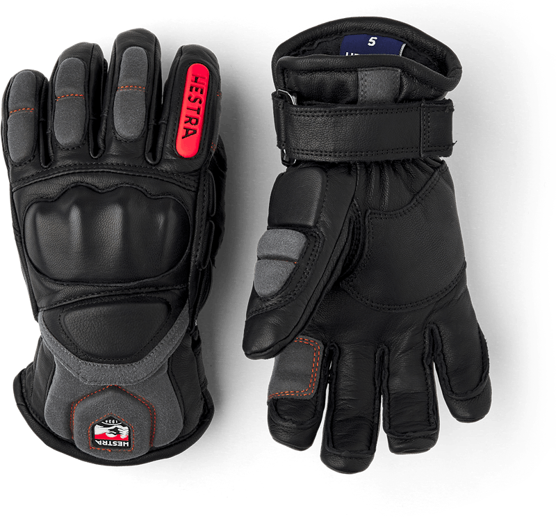 Black ski glove with gray and red goat leather details and synthetic suede palm (1 of 5)