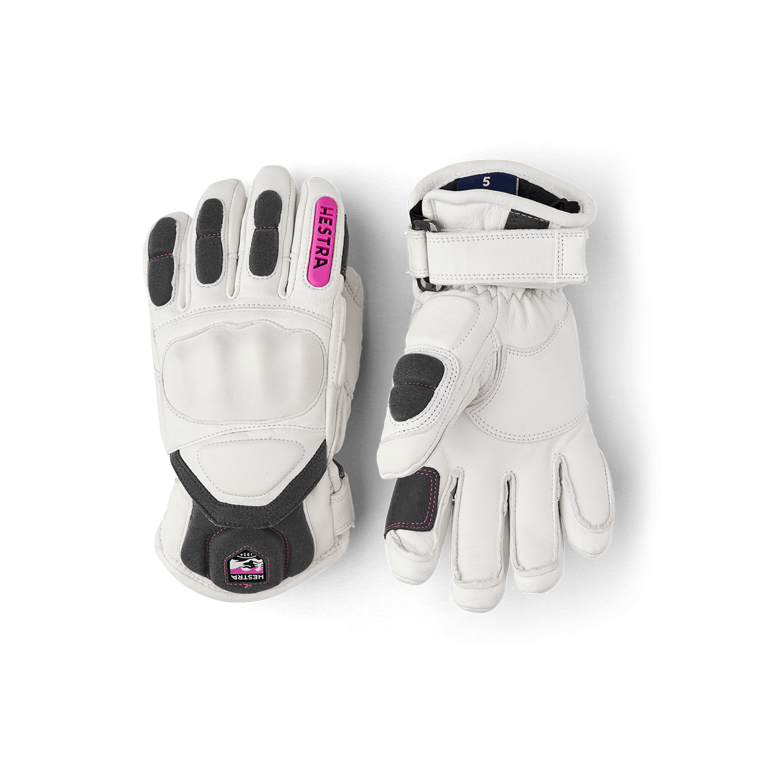 White ski glove with gray and pink goat leather details and synthetic suede palm (1 of 4)