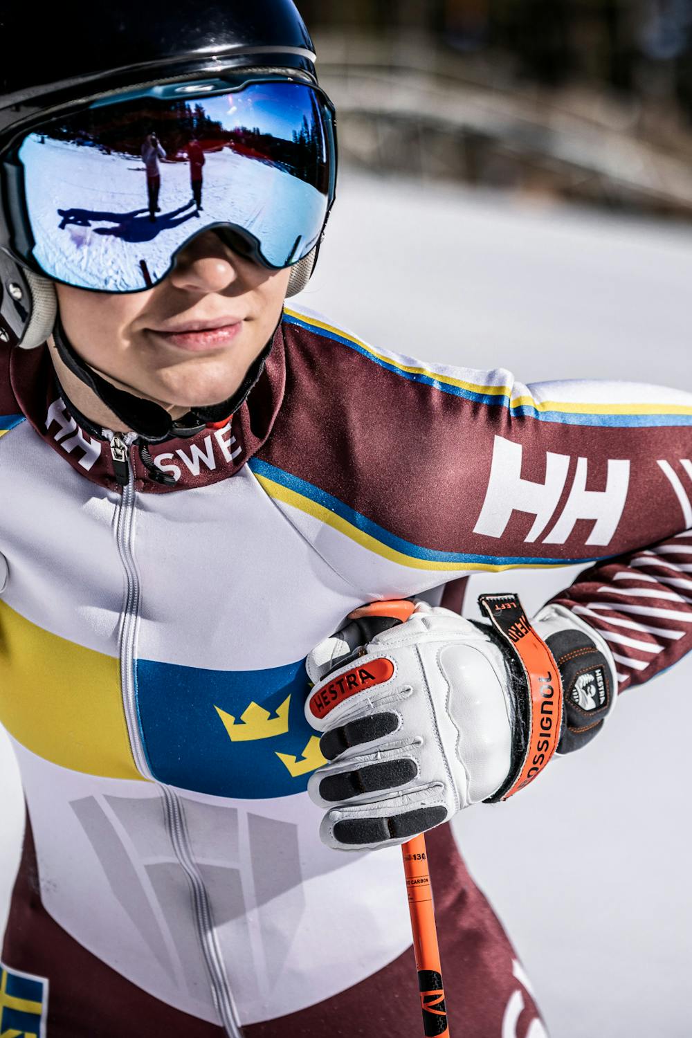 White ski glove with gray and red goat leather details and synthetic suede palm (7 of 8)