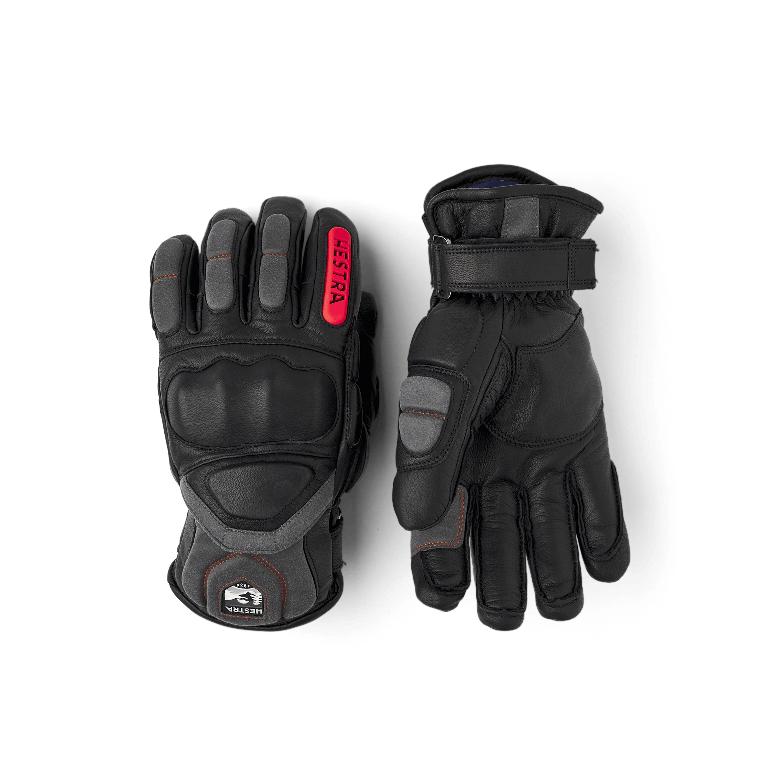 Black ski glove with gray and red goat leather details and synthetic suede palm (1 of 6)
