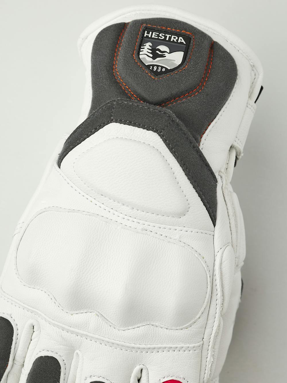 White ski glove with gray and red goat leather details and synthetic suede palm (6 of 8)