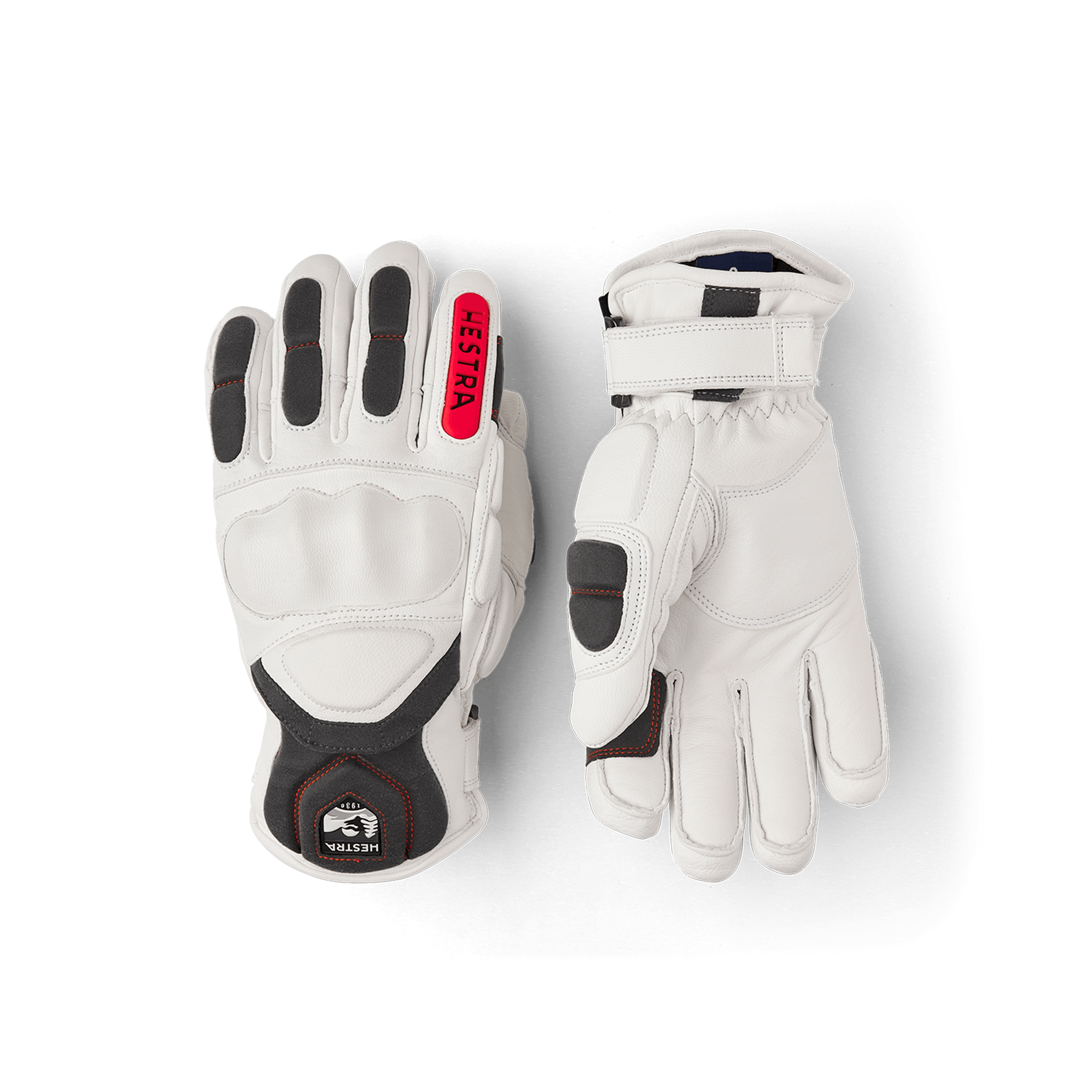 White ski glove with gray and red goat leather details and synthetic suede palm (1 of 8)