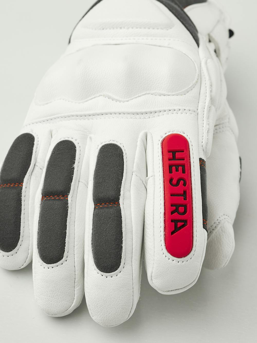 White ski glove with gray and red goat leather details and synthetic suede palm (5 of 8)