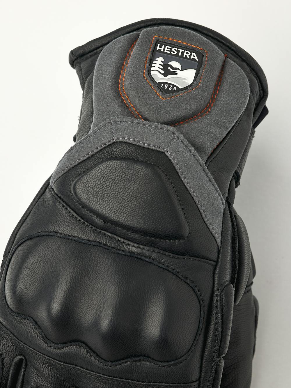 Black ski glove with gray and red goat leather details and synthetic suede palm (2 of 6)
