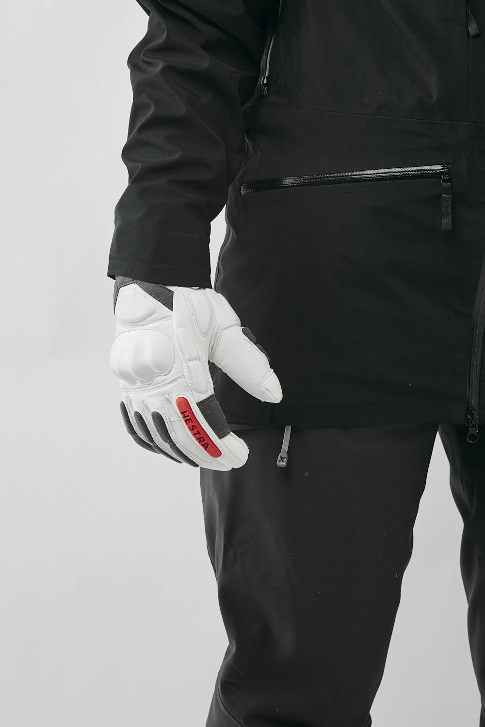White ski glove with gray and red goat leather details and synthetic suede palm (2 of 8)