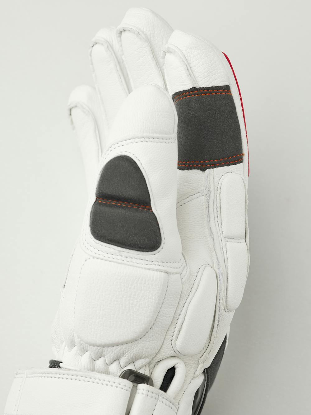 White ski glove with gray and red goat leather details and synthetic suede palm (4 of 8)