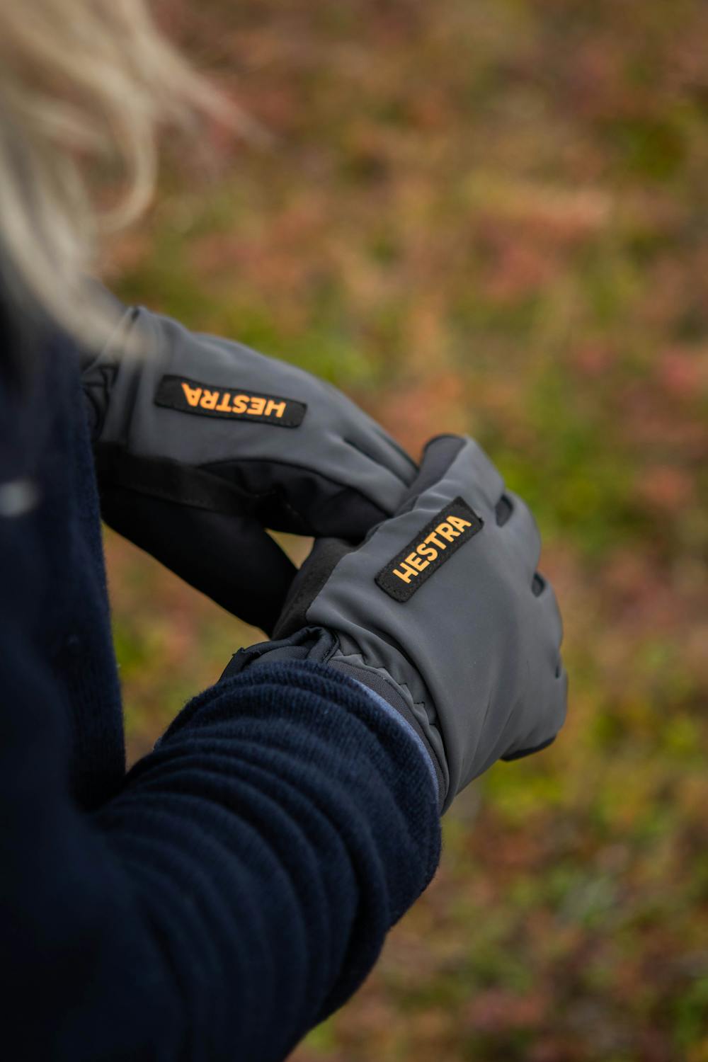 Dark gray fabric outdoor glove with black synthetic suede palm (6 of 8)