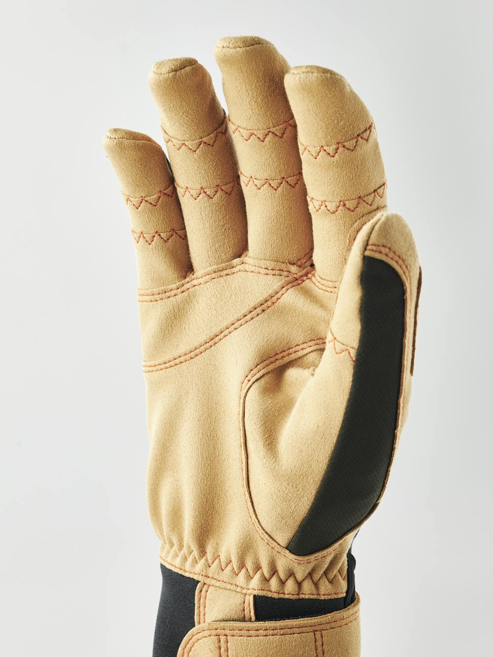 Dark green fabric outdoor glove with light brown synthetic suede palm and wrist adjustment (2 of 5)