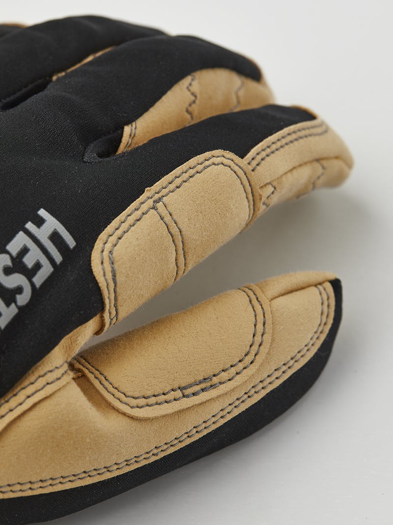Black fabric outdoor glove with light brown synthetic suede palm and wrist adjustment (5 of 5)