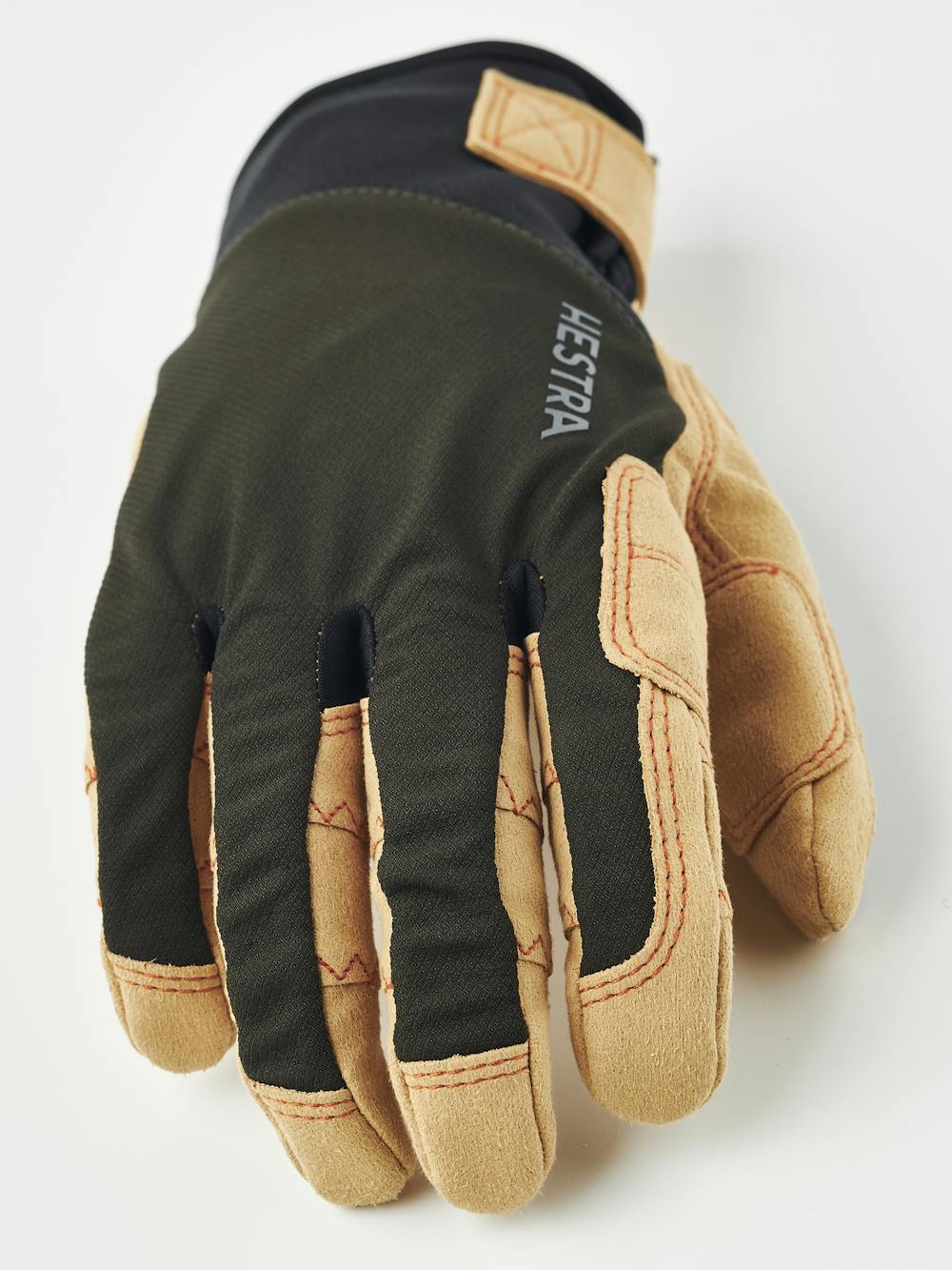 Dark green fabric outdoor glove with light brown synthetic suede palm and wrist adjustment (5 of 5)