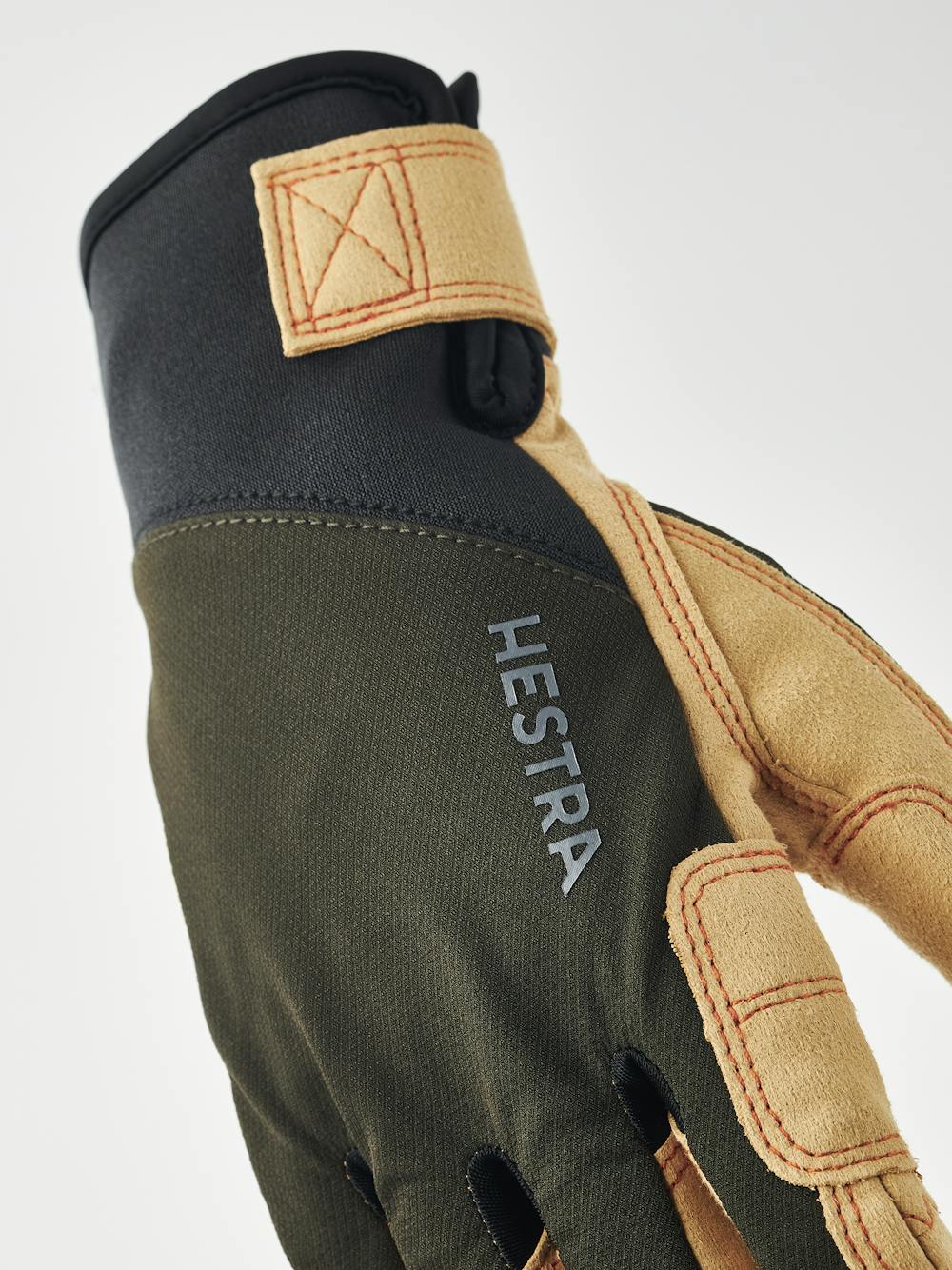 Dark green fabric outdoor glove with light brown synthetic suede palm and wrist adjustment (4 of 5)