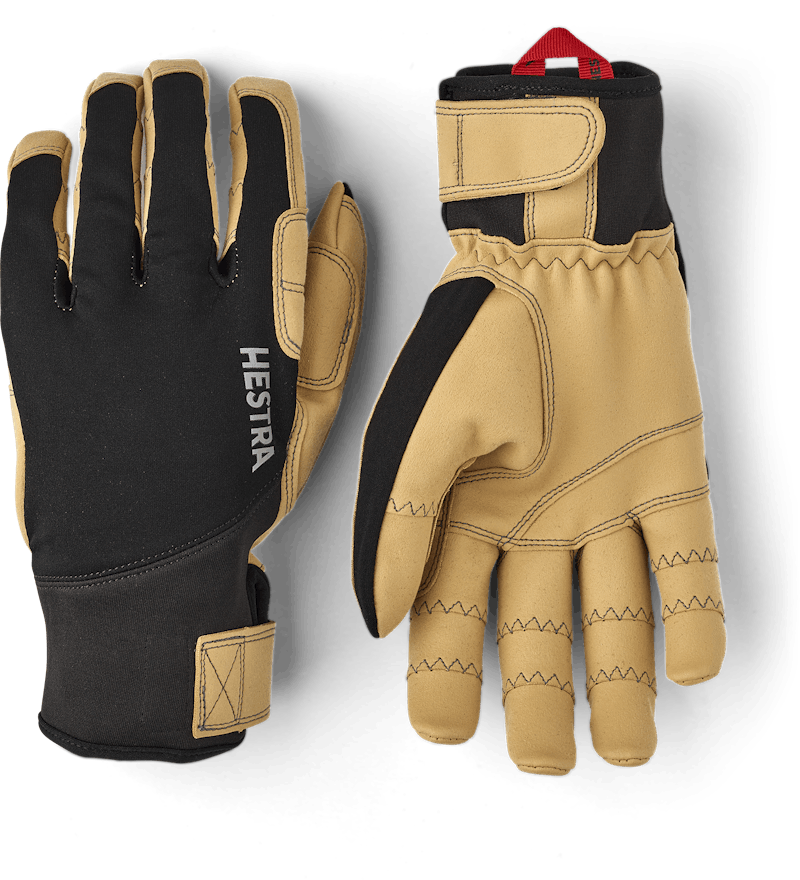 Black fabric outdoor glove with light brown synthetic suede palm and wrist adjustment (1 of 5)