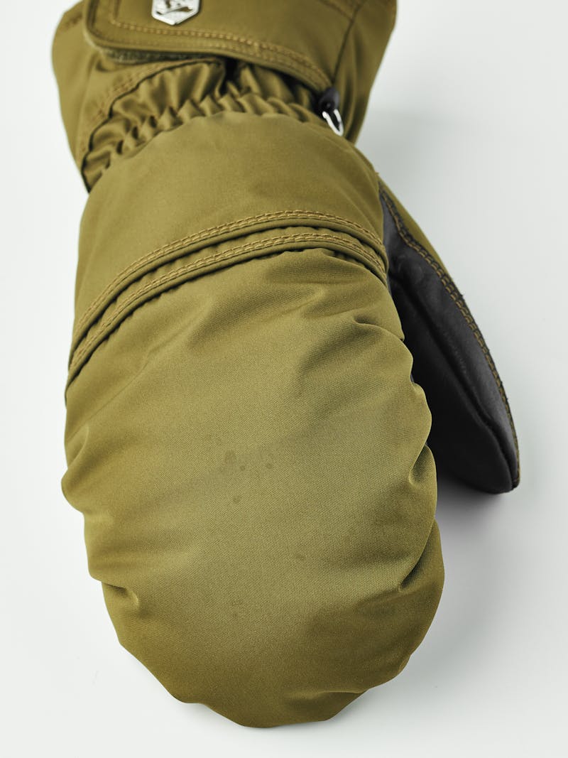Moss green fabric mitten with black hairsheep palm and wrist adjustment (2 of 5)