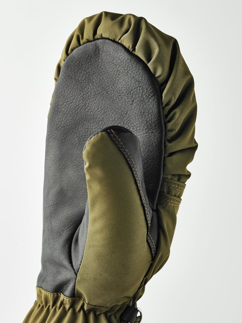 Moss green fabric mitten with black hairsheep palm and wrist adjustment (3 of 5)