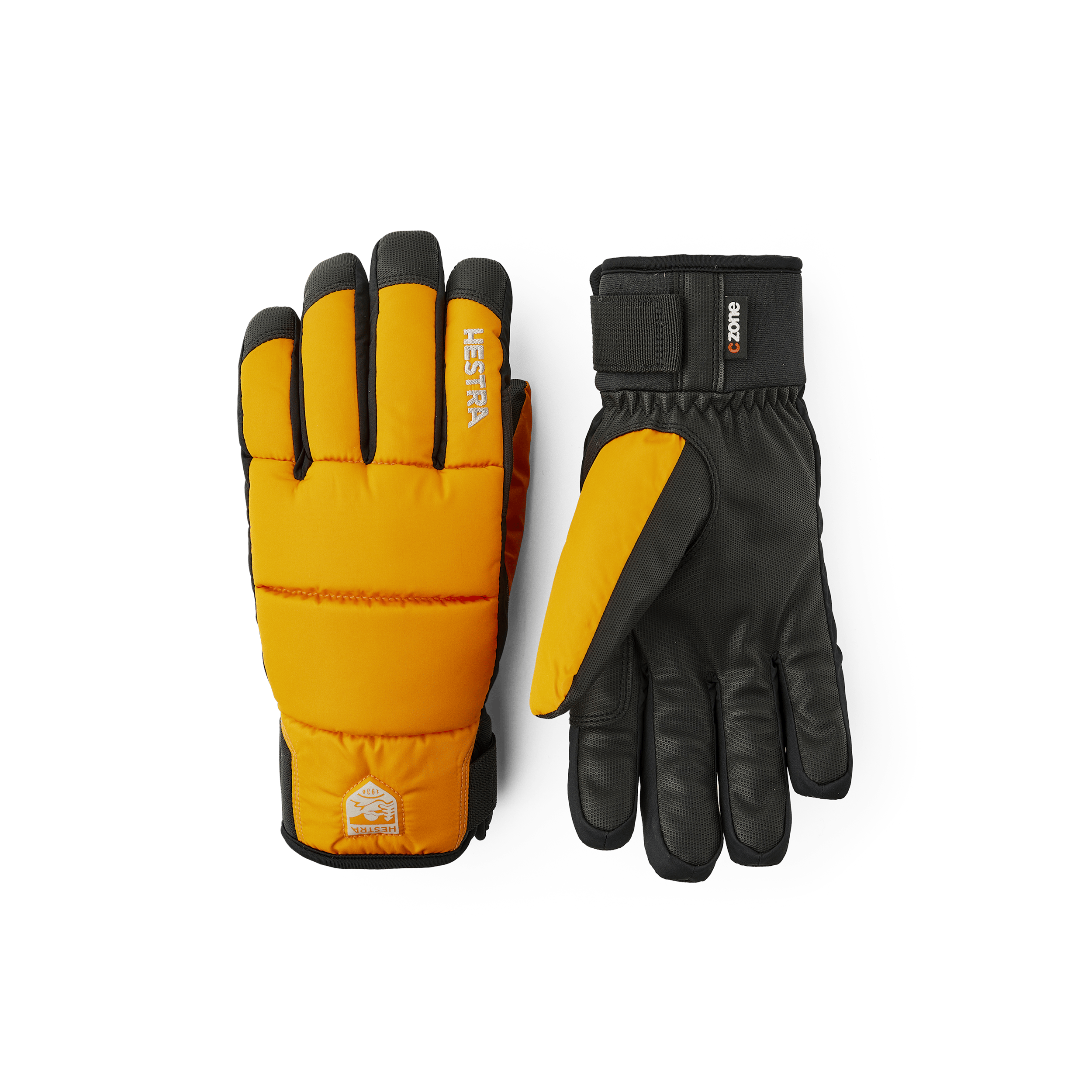 Orange fabric ski glove with black synthetic palm