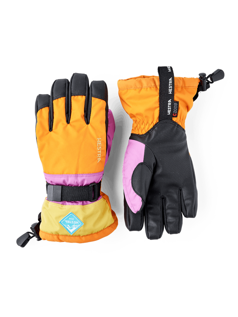 Orange and pink children’s glove with black synthetic palm and wrist adjustment (1 of 6)
