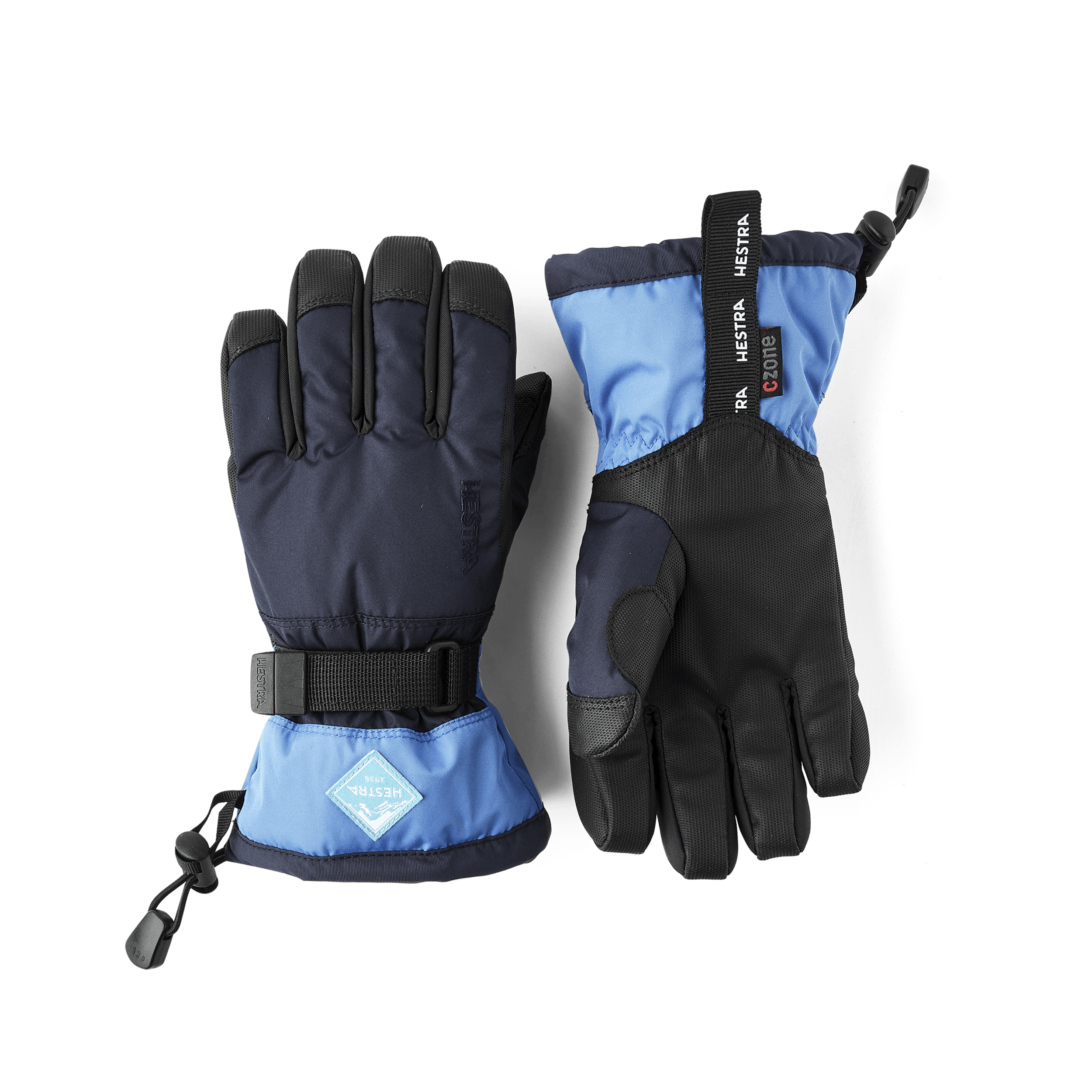 Blue children’s glove with black synthetic palm and wrist adjustment (1 of 5)