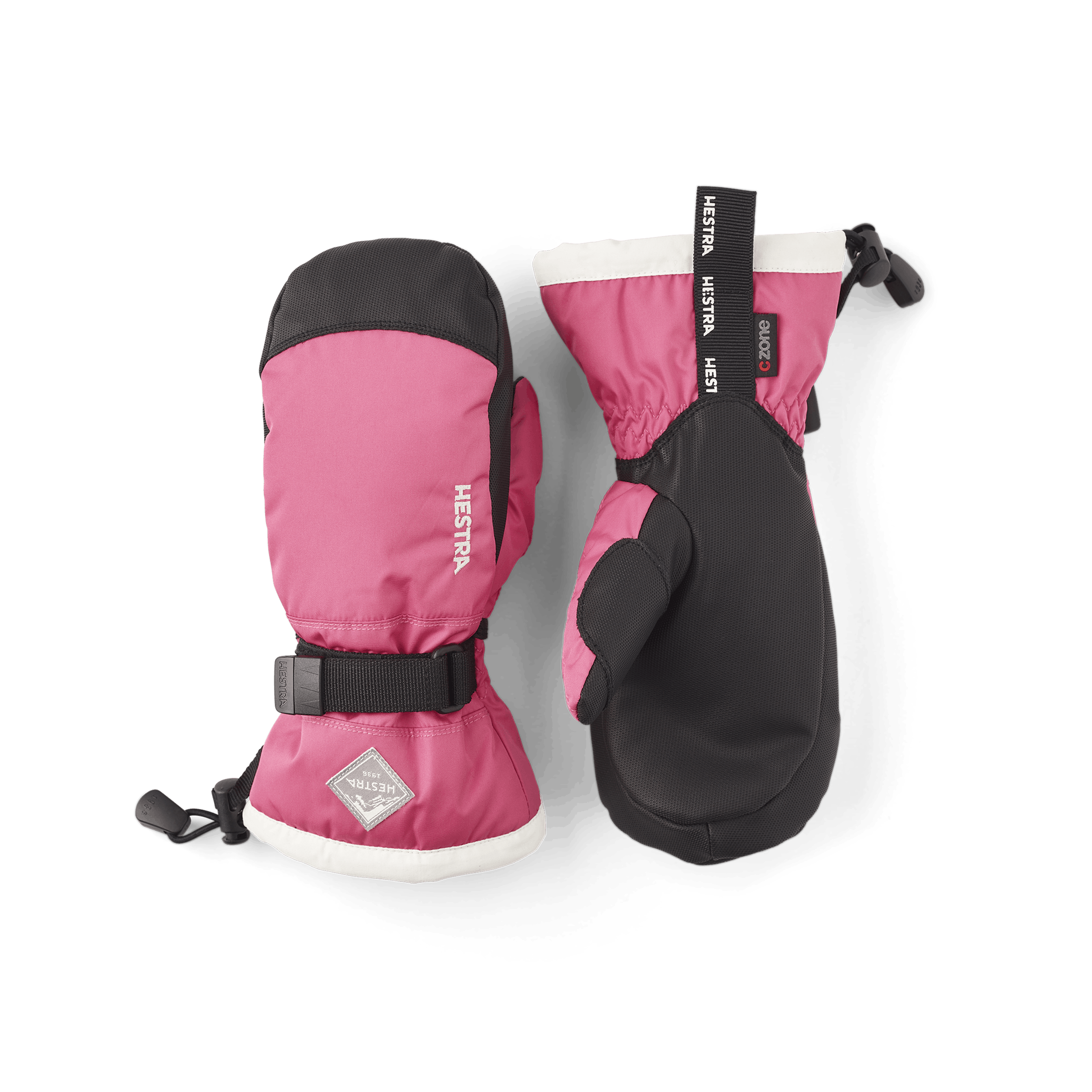 Pink mitten with black synthetic palm and wrist adjustment (1 of 6)