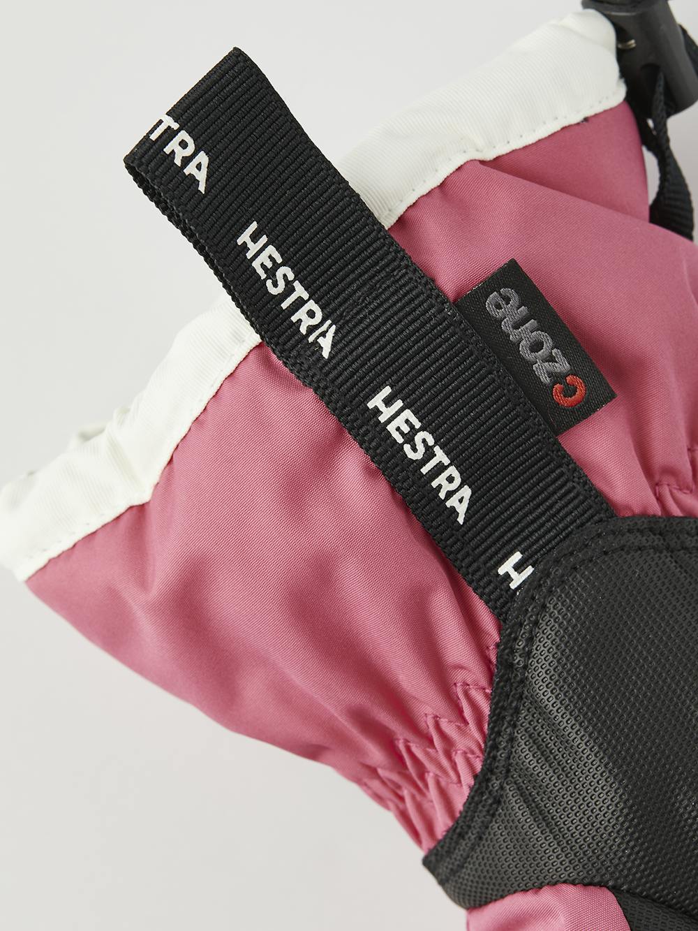 Pink three finger glove with black synthetic palm and wrist adjustment (4 of 5)