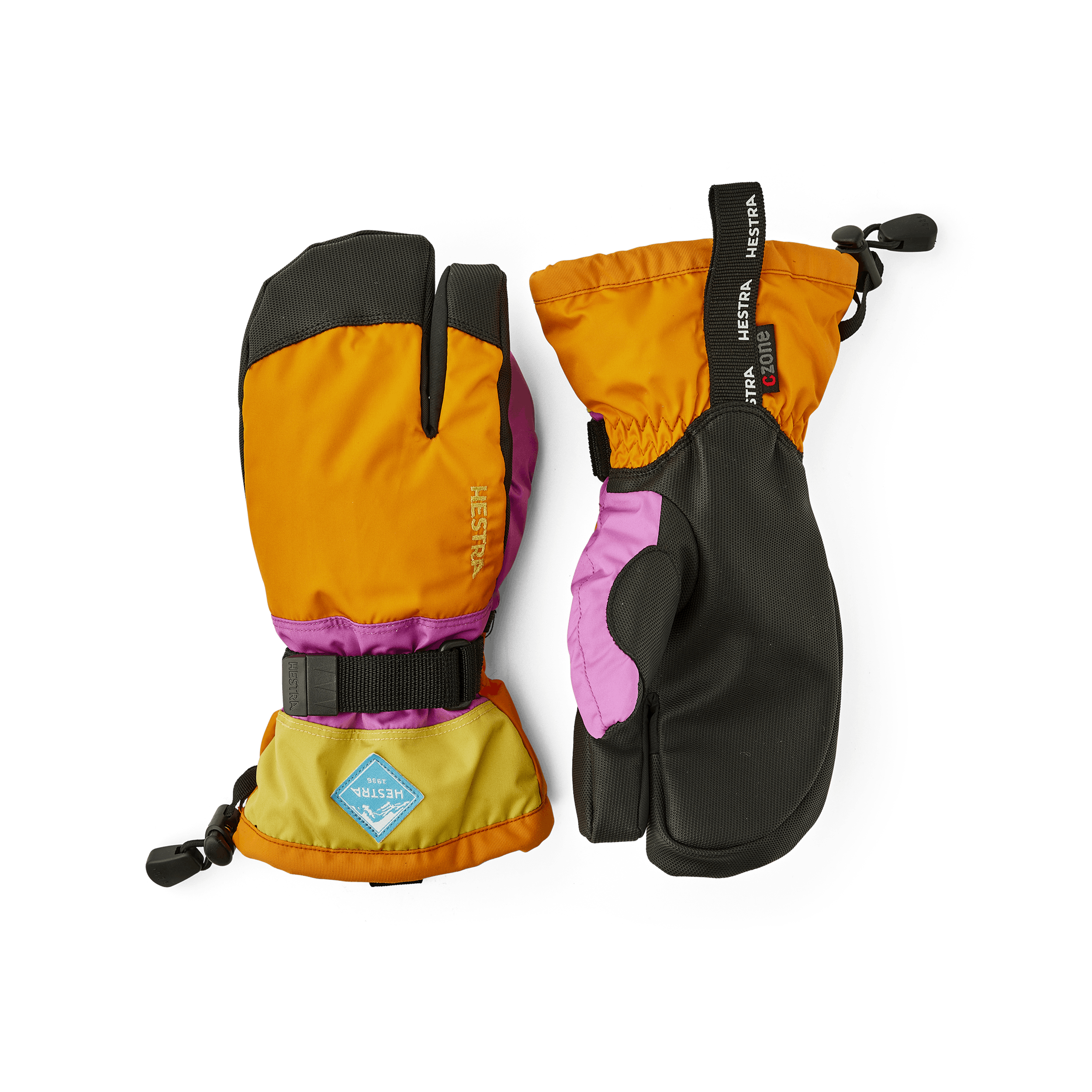 Orange and pink three finger glove with black synthetic palm and wrist adjustment (1 of 6)