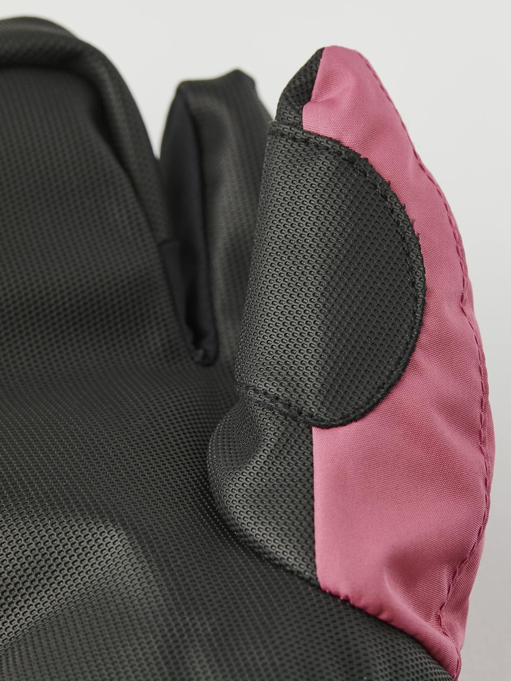 Pink three finger glove with black synthetic palm and wrist adjustment (5 of 5)