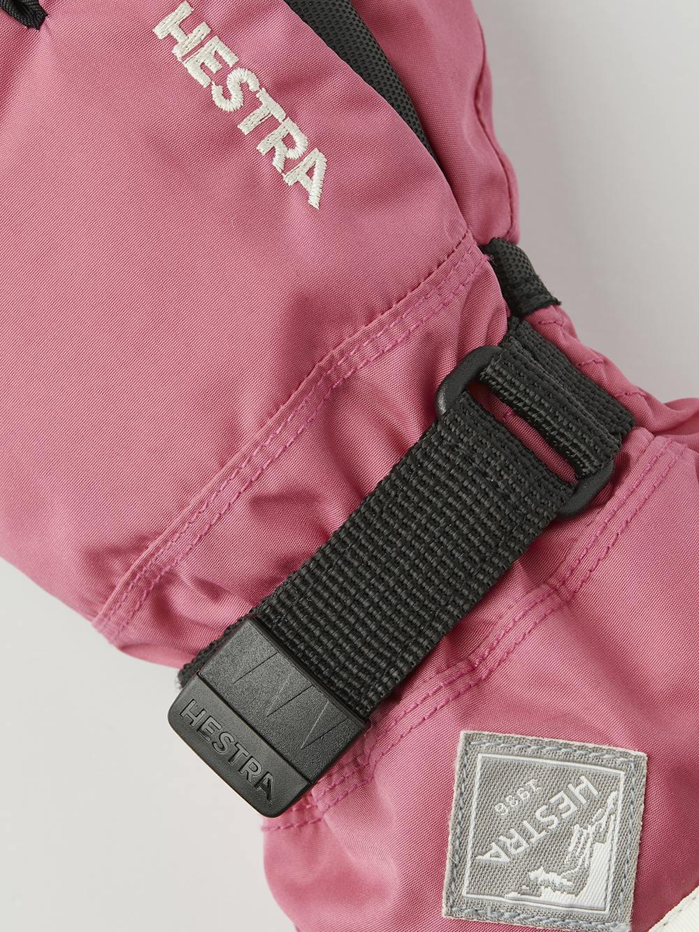 Pink three finger glove with black synthetic palm and wrist adjustment (3 of 5)