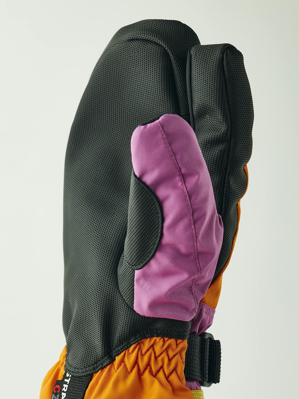 Orange and pink three finger glove with black synthetic palm and wrist adjustment (3 of 6)