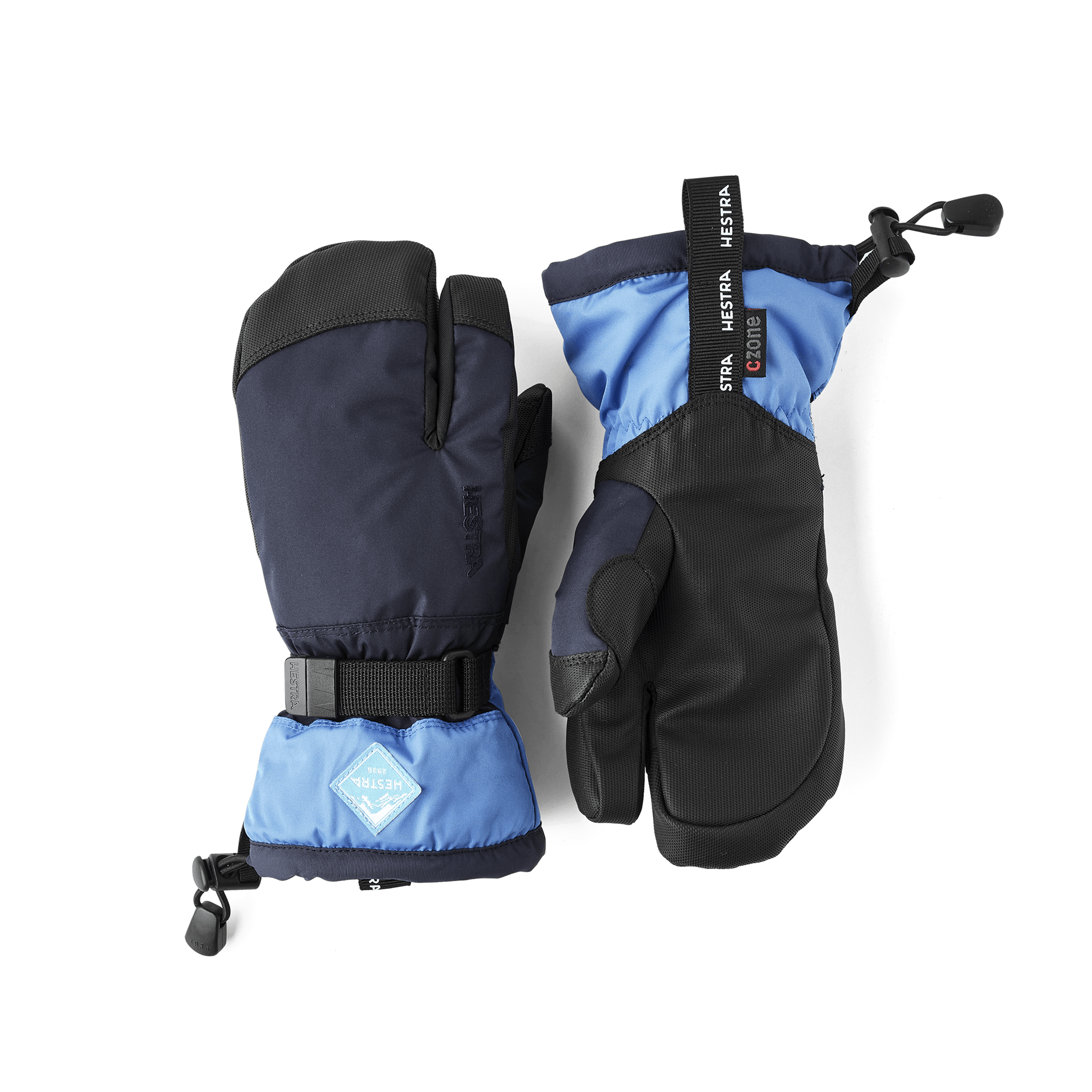 Blå trefingershandske med svart syntetmaterial i innerhanden och handledsjustering
 (1 av 5)