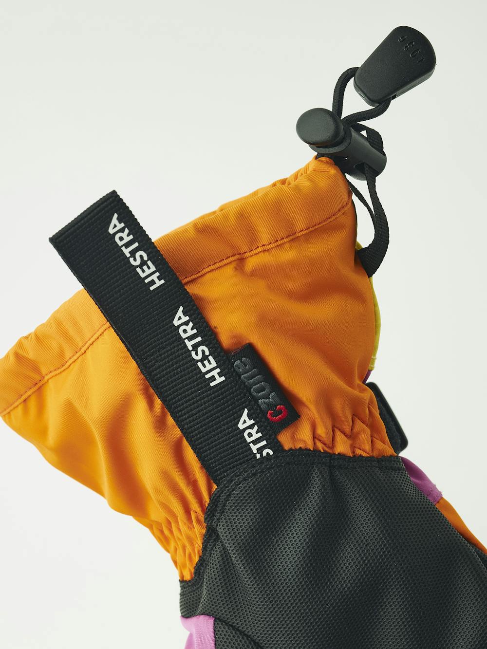 Orange and pink three finger glove with black synthetic palm and wrist adjustment (6 of 6)